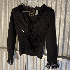 GUESS Black Lace Trim Cardigan Sweater